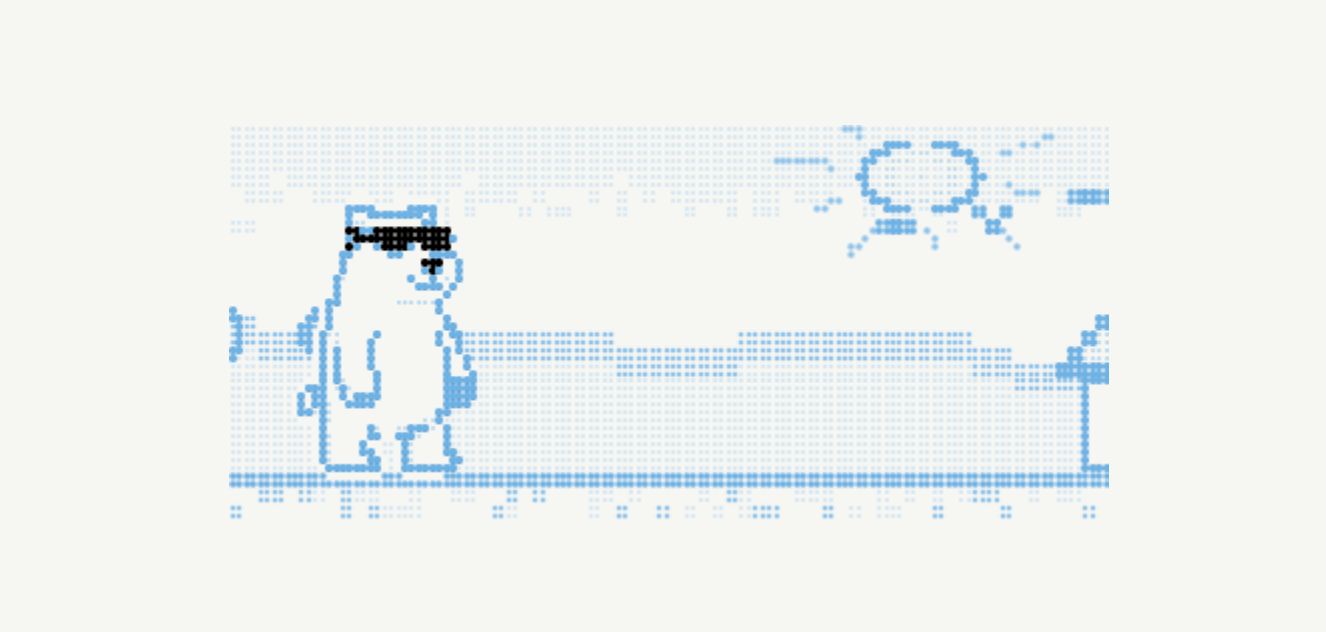 Pixel-art polar bear in sunglasses on a dotted blue scene